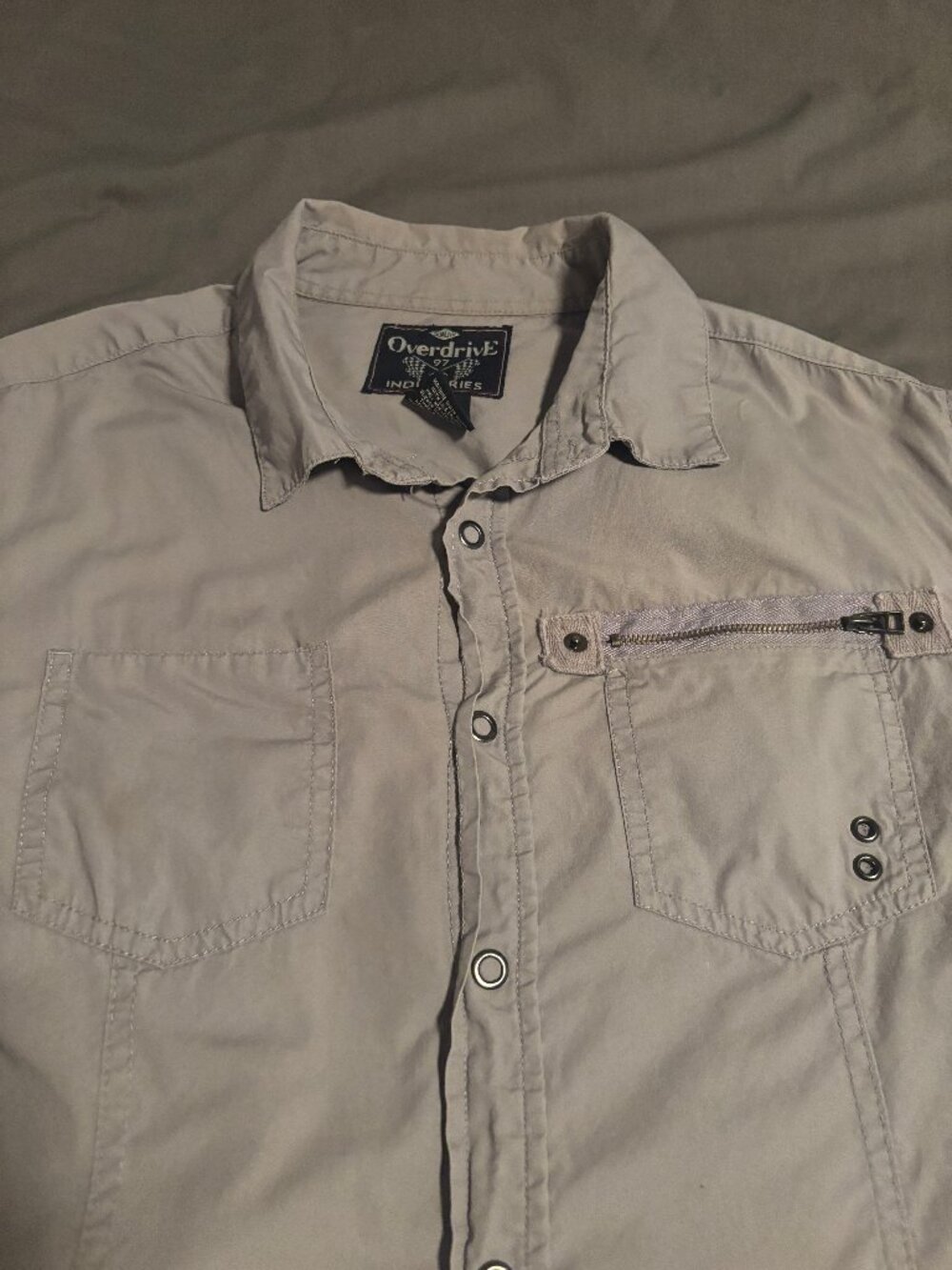 Overdrive 97 Mens M Gray Utility Shirt Long Sleeve Y2K Moto Grunge Zip Pocket